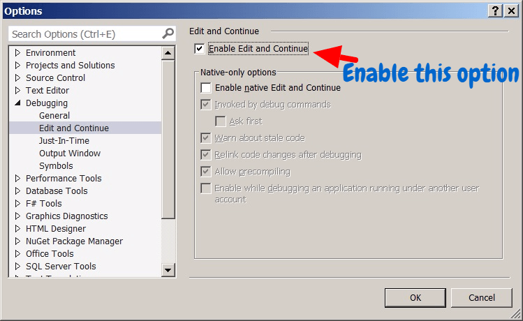 Enable Edit and Continue execution in Visual Studio