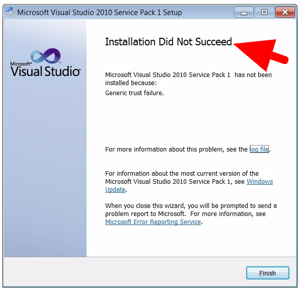 Generic trust failure Visual Studio 2010 SP1 installation error 